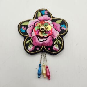 Embroidered Floral Brooch Pin Folk Art Beaded Sequin Dangle Statement Black Pink